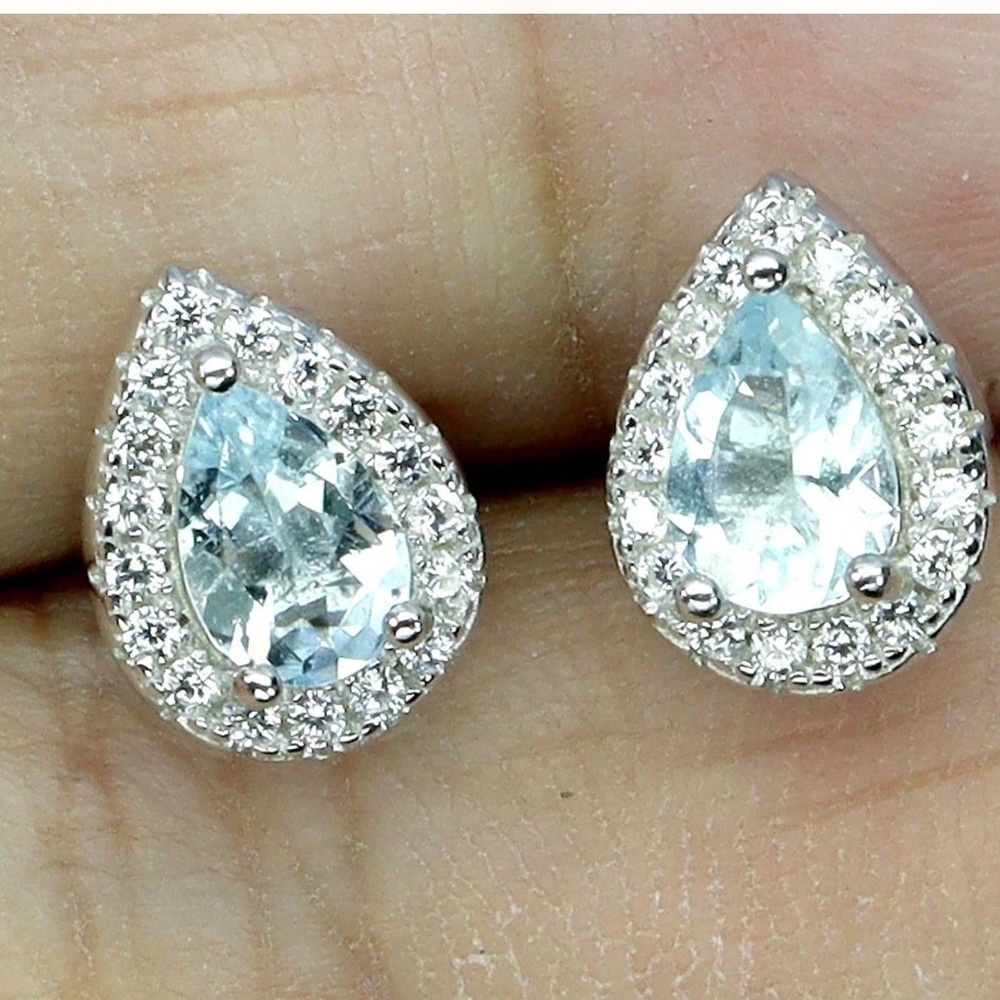 14k white gold/ 925 silver aquamarine and CZ Teardrop Earrings NEW